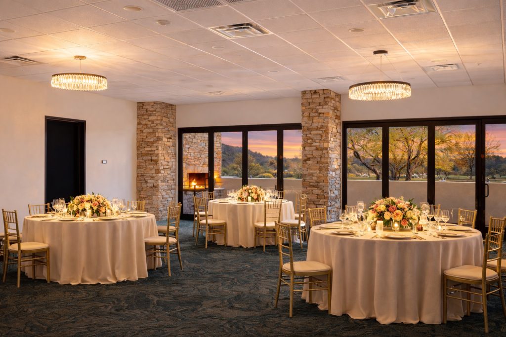 Ballroom reception space with sunset views at The View at The 500 Club wedding venue in North Phoenix