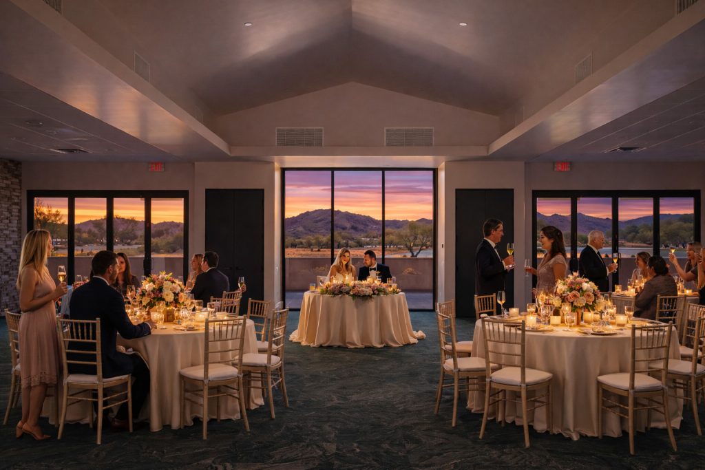 Wedding reception ballroom at The View at The 500 Club in North Phoenix with elegant indoor event space and sunset views