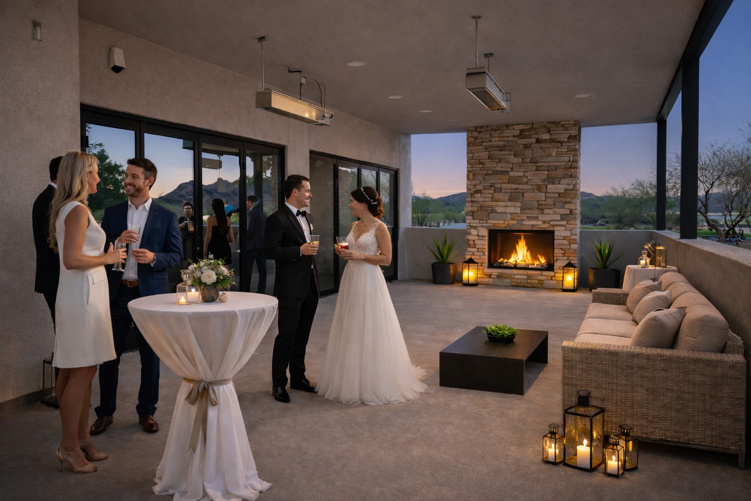 Bride and groom standing together on the sunset terrace at The View in Phoenix overlooking the golf course and desert landscape