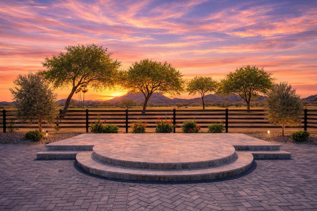 Sunset wedding ceremony view at The View at The 500 Club in North Phoenix overlooking the desert and golf course landscape