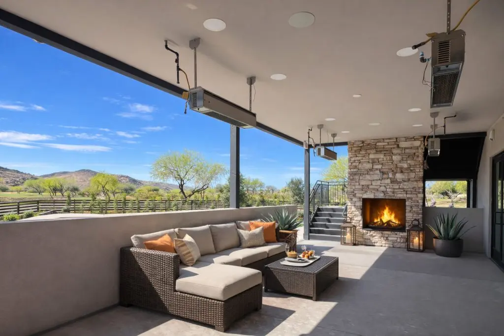 Outdoor terrace lounge area at The View at The 500 Club in Phoenix with scenic golf course and desert views